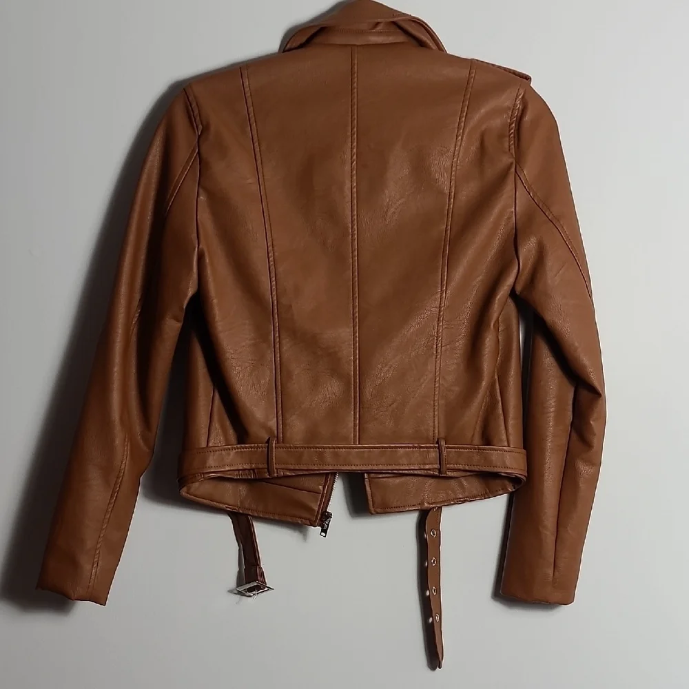 LOVE TREE Tan Vegan Leather Moto Jacket Brown Zip Up Size Small - Picture 12 of 16